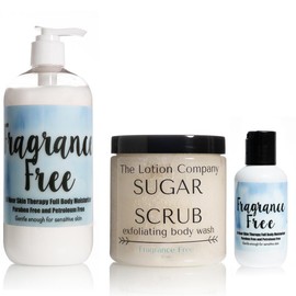 The Lotion Company Assortment Bundle - Body Lotion 16 oz, Sugar Scrub 2 oz & Exfoliating Body Wash 11 oz ; Moisturizing & Exfoliator, Travel Size - Fragrance: Fragrance Free