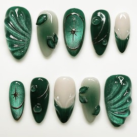 24Pcs Green Press on Nails Medium Almond Nails French Tip Fake Nails with 3D Designs Leaf Acrylic Nails Water Drop Glue on Nails Green French False Nails Full Cover Glitter Stick on Nails for Women