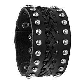 Eigso Black Retro Punk Wide Belt Braide PU Bracelet Round Nail Snap Button Wristband for Men Women