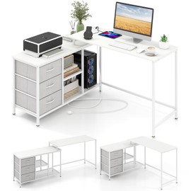 Giantex L Shaped Computer Desk with Drawers, 81" Convertible Corner Desk with Charging Station and Storage Shelves, Study Writing Desk, Modern Long Corner Gaming Table for Home Office (White)