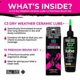 Muc-Off C3 Ceramic Dry Chain Lube 120ml + 3X Premium Bike Brush Set | Premium Bike Chain Lubricant with UV Tracer Dye | Ideal for Dry and Dusty Conditions