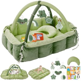 5-in-1 Plush Baby Play Gym & Activity Mat, Baby Play Mats, Baby Gym with Convertible Design, Tummy Time Mat with Pillow, 6 Sensory Toys for Newborn to Toddler, Green