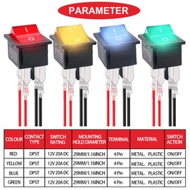 MKBKLLJY 8Pcs Rocker Switch DC 12V 15,AC 15A 250V,AC 20A 125V ON Off 4 Pin 2 Position DPST LED Lighted Boat Rocker Switch for Auto Car Boat RV with Locked Terminal Wires 4Color(Red/Blue/Green/Yellow)
