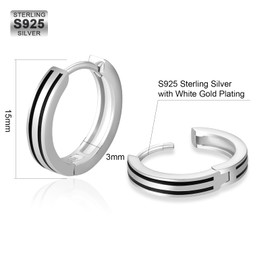 KRKC&CO Silver Hoop Earrings for Men, S925 Sterling Silver Men’s Earrings 15mm Chunky, White Gold Plated Black Tone, Hypoallergenic Simple Earrings for Man Unisex(Double Line-Silver)