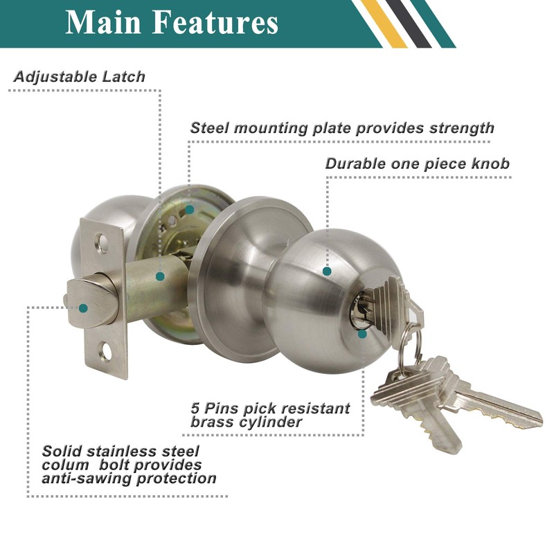 Probrico (2 Pack) Keyed Alike Door Knobs Combo Pack, Brushed