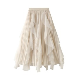 SotRong Women's Tulle Skirt Elastic High Waist Tiered Irregular Overlay Layered Mesh Ballet Prom Party Tulle Tutu A-line Midi Skirt Beige