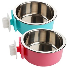 2 Pack Pet Food Water Bowl Plastic Basin and Stainless Steel Basin Combo Mountable Food Basin Dish for Rabbit Chinchilla Hamster Bird and Other Pet ( Pink and Blue )