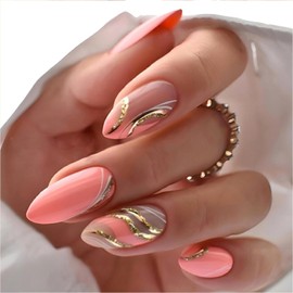 Almond Press on Nails Pink Medium French Fake Nails Glitter Gloss Acrylic Stick on Nail with Gold Line Designs Full Cover Glue on Nail Cute White Curve Artificial False on Nails for Women 24Pcs