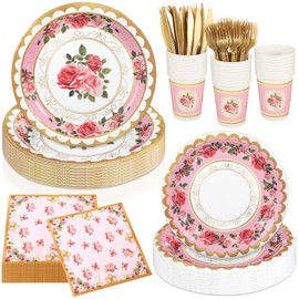 Willinglong 150 Pcs Floral Tea Party Supplies for 25 Guests, Paper Plates Cups Napkins Knives Forks for Spring Wedding Baby Showers Birthdays Mother's Day(Pink,Flower)