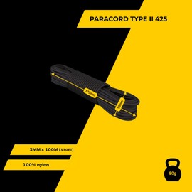 EdcX 3 mm Nylon Paracord 425 (15, 30, 50 and 100m) – 3 mm Type II, 100% Nylon Rope, 3 Strand Rope, 3 mm Nylon Rope in Many Colors (Black, 15 m)