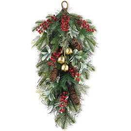 Glitzhome 26" Christmas Teardrop Door Swag with Berries, Xmas Pinecones Bells Frosted Green Pine Needle Garland for Front Door Indoor Holiday Decor