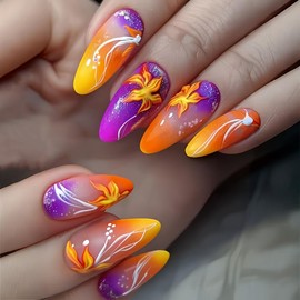 24Pcs Purple Orange Press on Nails Short Almond Nail Tips,Ombre Fake Nails Press ons Glossy Glue on Nails Acrylic Nail Art Kit Full Cover Reusable False Nails with Glitter Flowers Design for Ma'am