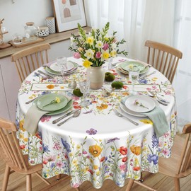 Dolficy Spring Floral Tablecloth Round 52 Inch, Spring Watercolor Flowers Decorations for Home Table Cloth, Blooming Flower Decor Tablecloths Polyester for Picnic Party Dinner