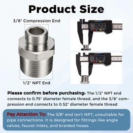 1/2" to 3/8" Reducer Faucet Adapter, 2 Pcs Brass 3/8 Male to 1/2 Male Compression Pipe fittings with Rubber Washers, Water Supply Fitting for RVs Kitchen Piping and Bathrooms