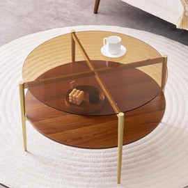 LumFurn Round Coffee Table, Mid-Century Modern Design, D30 x H17, for Living Room, 2-Tier Structure, Amber Glass Top and Walnut MDF Shelf, Sleek Conical Metal Legs with Gold Finish