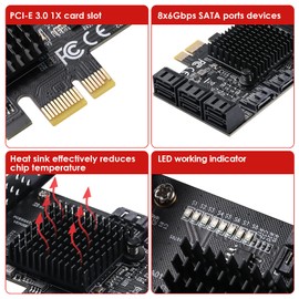 MZHOU PCIE SATA Card 8 Port,6 Gbps SATA 3.0 Controller PCIE 1X Express Expansion Card Support 8 SATA 3.0 Devices-ASM1064,JMB575 chip