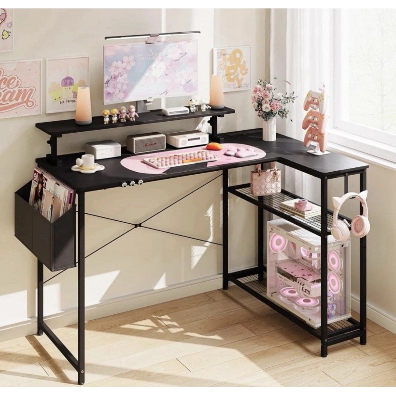 Dowinx 43” Black L-Shaped Gaming Desk w/ Built-in Power Outlets