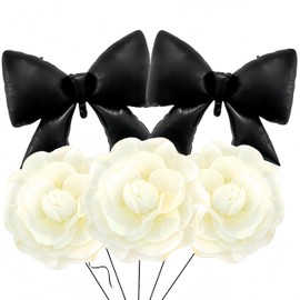 5Pcs Ivory White Camellia Balloons+Black Bow, French Elegant Floral Decor for Paris Themed Party, Mother's Day, Wedding, Spring Flower Afternoon Tea Party,Funeral Memorial Balloons(White)