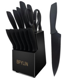 Knife Set, 15 Pieces Kitchen Knife Set with Block, High Carbon Stainless Steel Knife Set,Chef Knife Set,Chef Knife,Steak Knives, Black Titanium Knife Set (15 Pieces Set)