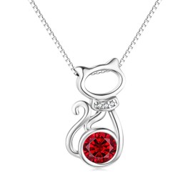 925 Sterling Silver Cute Cat Pendant Necklace with Ruby Birthstone, AOBOCO Jewellery gifts for women girls