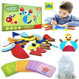 Tangram Children's Geometric Shapes Wooden Puzzles, Montessori Toy from 3 Years with 30 Cards, Suitable for 3 4 5 6 Years Boys Girls Educational Toy School Gift