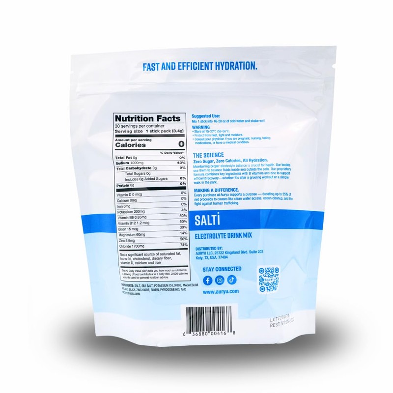 Auryu Electrolyte Drink Mix Salti – Unflavored Hydration Powder with