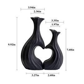 Black Threaded Modern Ceramic Vase Set of 2, Heart Shaped Matte Bud Farmhouse Flowers Vases for Home Decor, Dried Fake Flowers Vase for Living, Dining Room, Kitchen