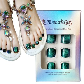 Fantasticlady,Toe nail press ons,Press on toe nails,green press on nails,Galaxy glitter short square press on nails,Cat eye Solid Color,Summer,Acrylic press on toenails for women(24pce)