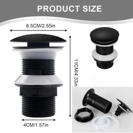 Alriedy Sink Drain Fitting, Black, Pop-Up Drain Valve with Overflow, Universal Drain Fitting for Washbasin and Sink, Universal 1 1/4 Inch