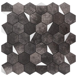 Bainley 10-Sheets Hexagon Peel and Stick Backsplash Tile, Stick on Backsplash for Kitchen and Bathroom, Dark Slate PVC Mixed Metal Gold Self Adhesive Wall Tiles