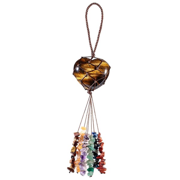 KYEYGWO Tiger's Eye 7 Chakras Stone Heart Hanging Decoration with Tumbled Stone, Reiki Healing Crystal Hanging Decoration, Gemstone Heart Shaped Wall Hanging Ornament, Love Window Decoration for Home,
