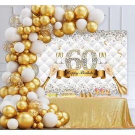 Sensfun Happy 60th Birthday Backdrop White Gold Silver Diamond Luxury Photography Background for Women Fabulous 60th Birthday Party Decorations Banner Champagne Sixty Years Old Photo Booth 7x5ft