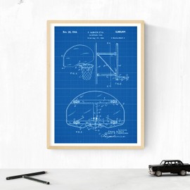 Nacnic BLUE Basketball Patent Poster Set of 4. Vintage Style Wall Decoration Picture of Sneakers, Basketball Net and Ancient Inventions. Various Geometric Sports Pictures Without Frames. Size A4