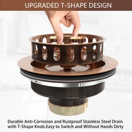 EXAKEY Kitchen Sink Drain Assembly 3-1/2 Inch Stainless Steel Kitchen Drain with T-Shaped Sink Strainer Basket and Drain Stopper for Standard Kitchen Sink Antique Copper