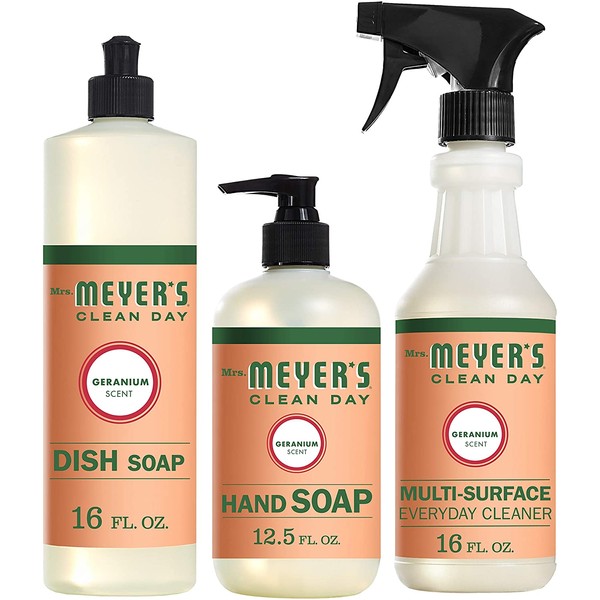 Mrs. Meyer's Clean Day Kitchen Basics Set, Includes: Multi-Surface Cleaner, Hand Soap, Dish Soap, Geranium Scent, 3 Count Pack