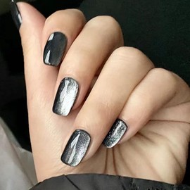 Black Press on Nails Medium Fake Nails Square False Nails with Glitter Designs Artificial Glossy Full Cover Stick on Nails Acrylic Nails Press Ons Reusable Glue on Nails for Women and Girls 24Pcs