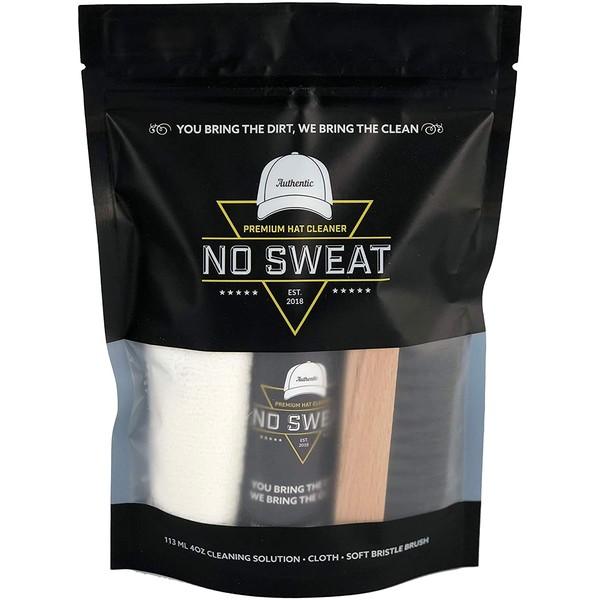 No Sweat Premium Hat Cleaner. Includes 4 OZ of Cleaning Solution, Microfiber Cloth, & SOFT Bristle Brush. Works great on all of your favorite hats