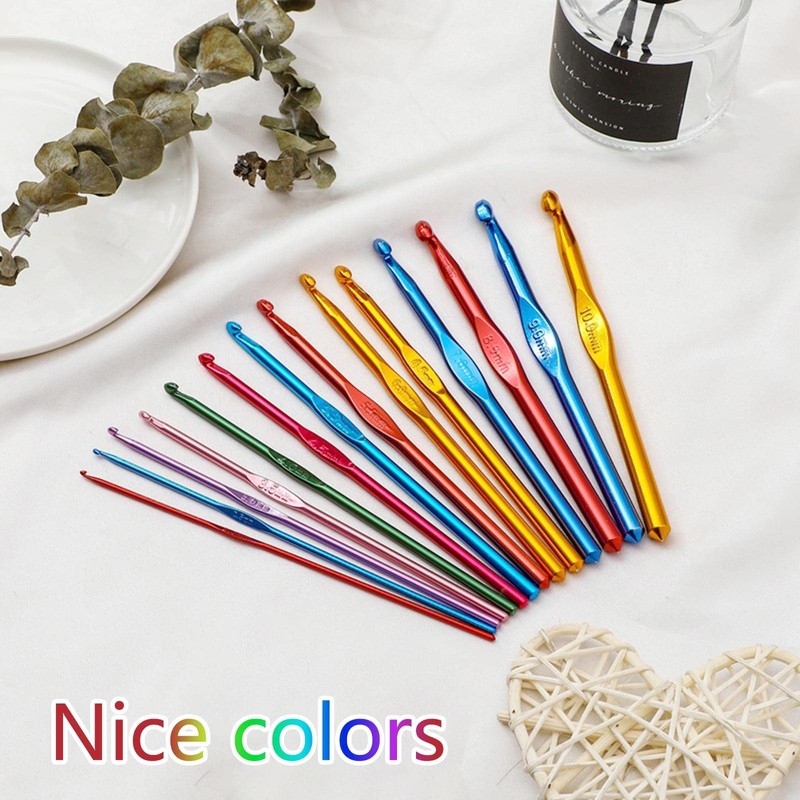 BCMRUN 14 pcs Multicolor Aluminum Crochet Hooks Knitting Needles Craft