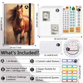 100 Envelopes Money Saving Challenge A5 Money Saving Binder with Cash Envelopes，Budget Binder Savings Challenge Book for 100 Day to Save $5,050 for Budgeting Planner，Brown Colored Horse