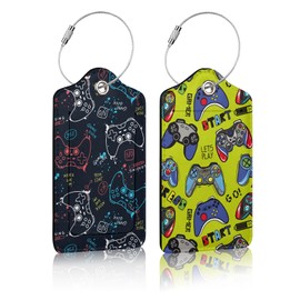 2 Pack Gamer Luggage Tag for Suitcases, Cute Gamepad Player PU Leather Luggage Tag with Privacy Cover ID Label for Women Men Travel Cruise Baggage Handbag School Bag Backpack