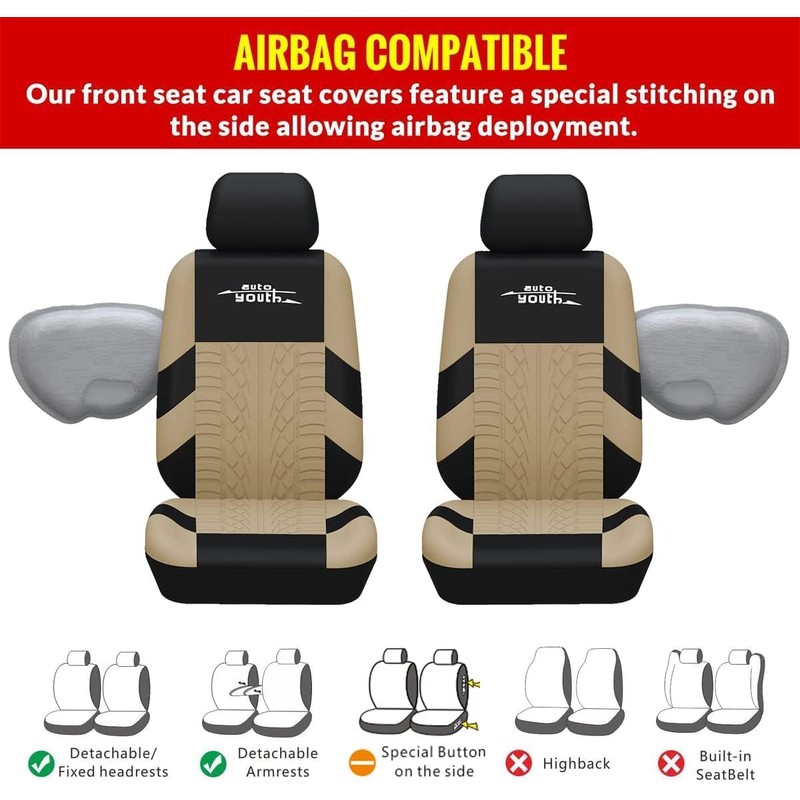 AUTOYOUTH Beige Car Seat Covers Full Set, 3D Tyre Embossed