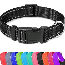 Taglory Reflective Adjustable Dog Collars for Puppy Small Medium Large Dogs, Thin Nylon Webbing and Quick Release Plastic Buckle(Black, Small)