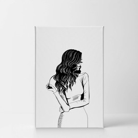 Smile Art Design Black and White Black Haired Modern Lady Sketch Glam Fashion Canvas Print Wall Art Office Bathroom Teen Girl Room Women Dorm Bedroom Living Room Wall Decor Ready to Hang 22x15