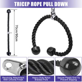 Triceps Rope 70cm/90cm Machine Attachment Cable Nylon Braided Heavy Duty Tricep Rope Cable Attachment for Fitness with Non-Slip HandlesTraining Multi Gym Fitness Workout,Biceps,Triceps,Gym or Home