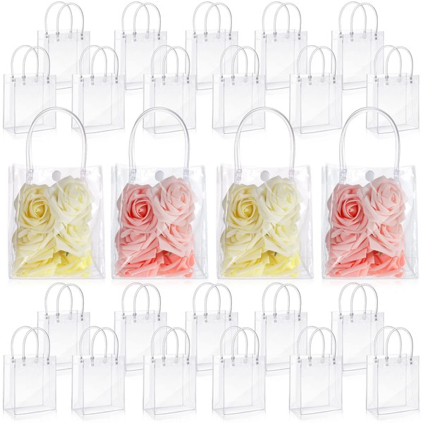 Clear PVC Gift Bags with Handles 5.9 x 5.1 x 2.76 Inch Transparent Gift Bags Plastic Reusable Gift Bag Shopping Wedding Clear Goodie Bags Clear Candy Bags Totes for School Birthday Party (20 Pieces)