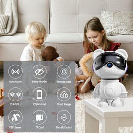 dzcctvipc 3K Smart Robot Security Camera - Wireless Nanny Cam & Pet Monitor with Phone App,2.4G/5G WiFi,Pan-Tilt, Full HD Night Vision,24/7 Recording,2-Way Talk,Cute Bear Design,Privacy Mode(White)