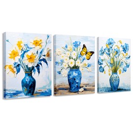 LIIGEMI 3 Piece Bedroom Flower Canvas Wall Art, Vintage Oil Painting Gallery Wall Decor Print White and Blue Daisy in Pretty Vase Picture for Kitchen or Living Room，11.8"x15.8"