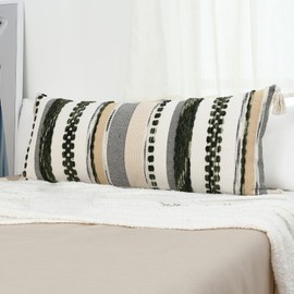 Labilin Boho Long Lumbar Pillow Covers 14x36 Farmhouse Decorative Cushion Case Geometric Pillows Cover Chenille Pillow Cases with Tassels Pillowcase for Sofa Couch Bed, Dark Green and Beige