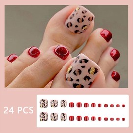 Glitter Leopard Print Press on Toenails Short Square Fake Toenails with Leopard Print Designs False toenails Full Cover Glossy Summer Glue on Nails for Women Girls Toe Nails Kit Decoration 24PCS
