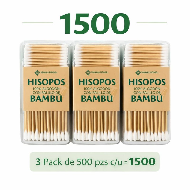 MRK HOME Hisopos con Palillo de Bambú, 100% Algodón, Biodegradables,